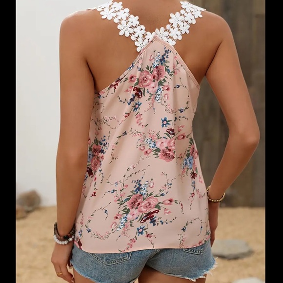 Pink Pastel Floral Print tank top Lace Shoulder Straps Summer Blouse Large - Picture 8 of 10